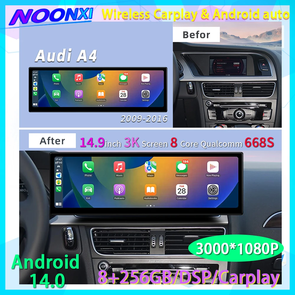 14.9 Inch For Audi A4 A5 B8 2009-2016 Android 14 Carplay 4G Car Multimedia Player GPS Navigation Auto Radio Screen 4G Head unit