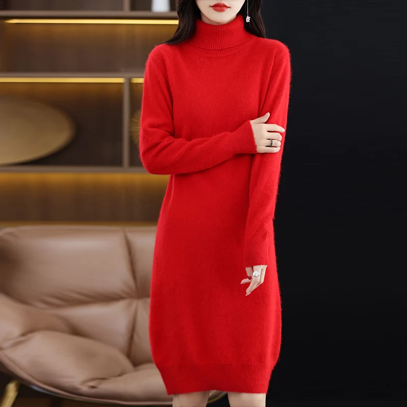 Autumn And Winter New Mink Cashmere Ladies High-Necked Long Dress Slim Pullover Knitted Wool Bottoming Skirt