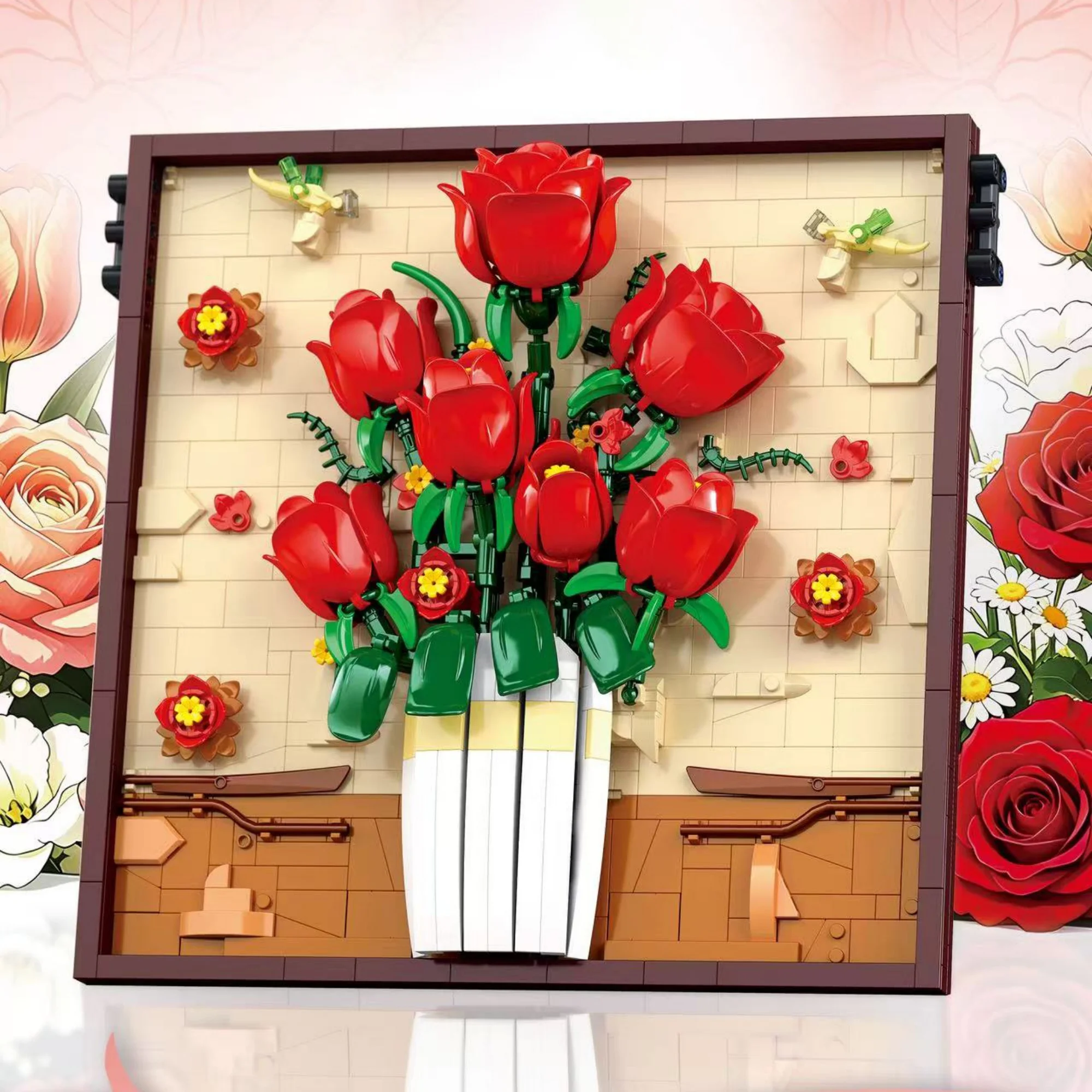 

972pcs Red Rose Frame Building Blocks Desktop Ornament Artistic Wall-mounted Sunflower Photo Frame Bricks Toys for Adults Gift