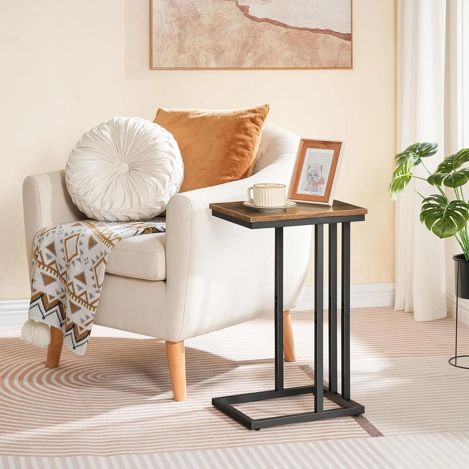 C Shaped Side Table, Narrow Sofa Side Table, Tall Slim Side Table for Living Room, Laptop Table for Sofa Small Coffee Table