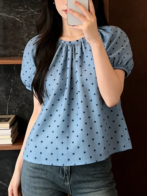 

plus Size Design Back Button Polka Dot Short Sleeve round Neck Women's Shirt Summer New Style Slimming Korean Version Breathable