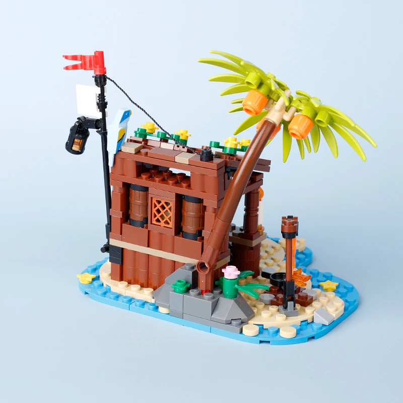 Moc Piraten insel Floß Bausteine Kit Segel Schiff Galgen Baum Guillotine Gefängnis Käfig Papagei Holzhaus Boot Ziegel Spielzeug