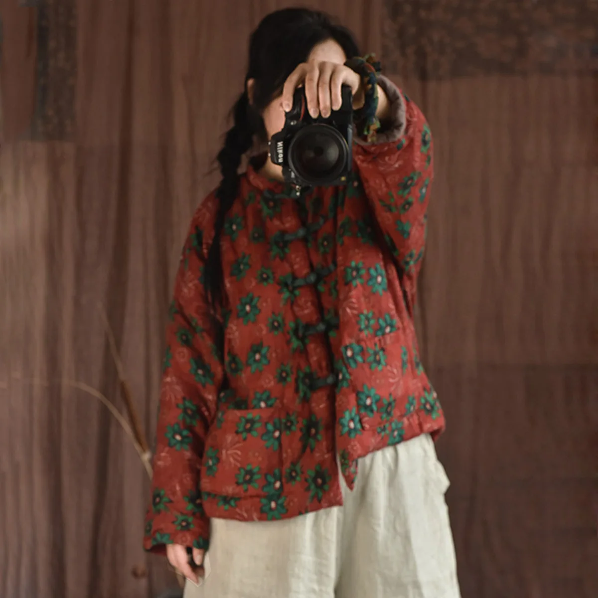 

Women's Quality linen Quilted Cropped Flower Jacket Casual Frog Button Down Padded Chinese Coat Lightweight Outwear With pocket