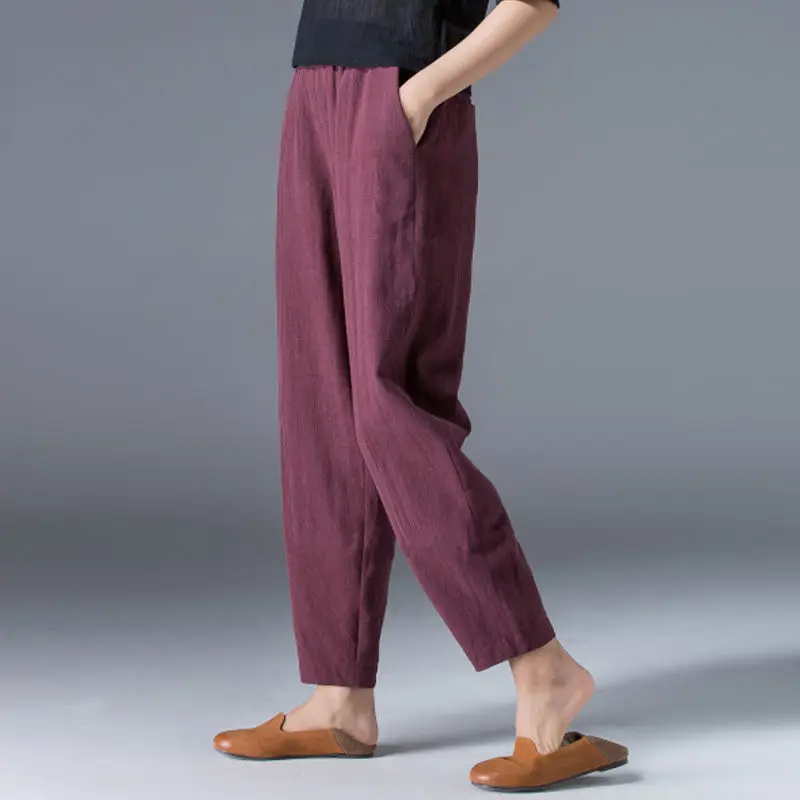 Pantalones de pierna ancha de algodón asiático para mujer, pantalones bombachos blancos sueltos, delgados, informales, recortados, estilo chino, 2022