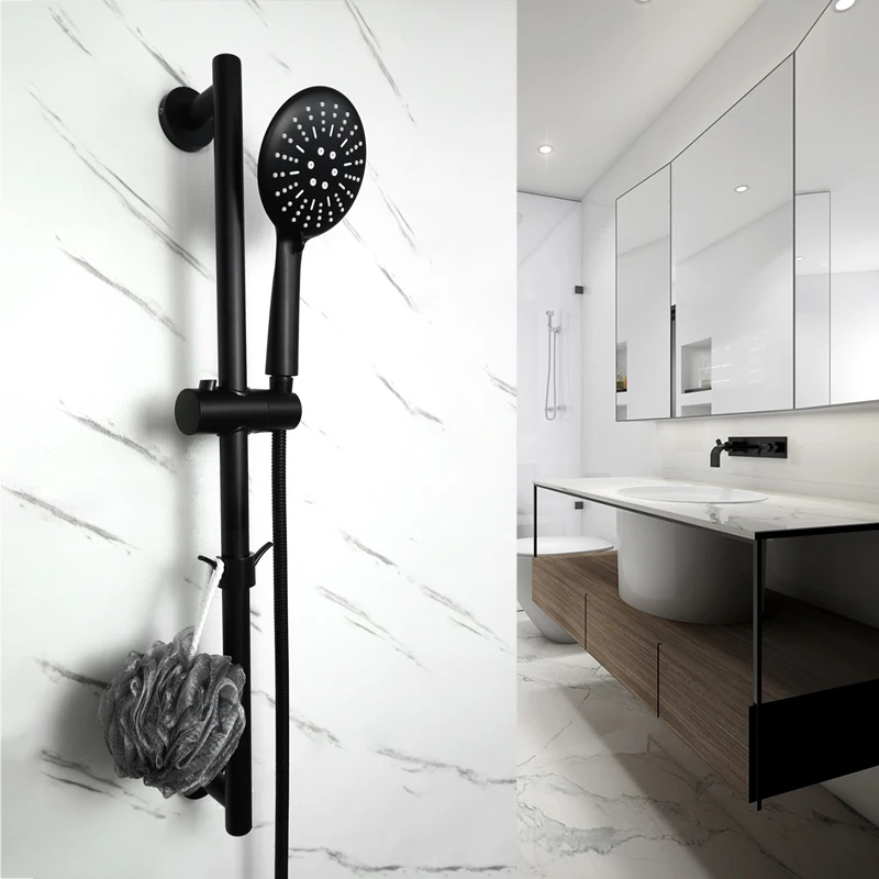 Imagem -05 - Montado na Parede do Chuveiro de Levantamento de Revestimento Preto Barra Corrediça Alta Pressão Chuveiro Mão Titular Ajustável Banheiro Barra Deslizante Ferroviário