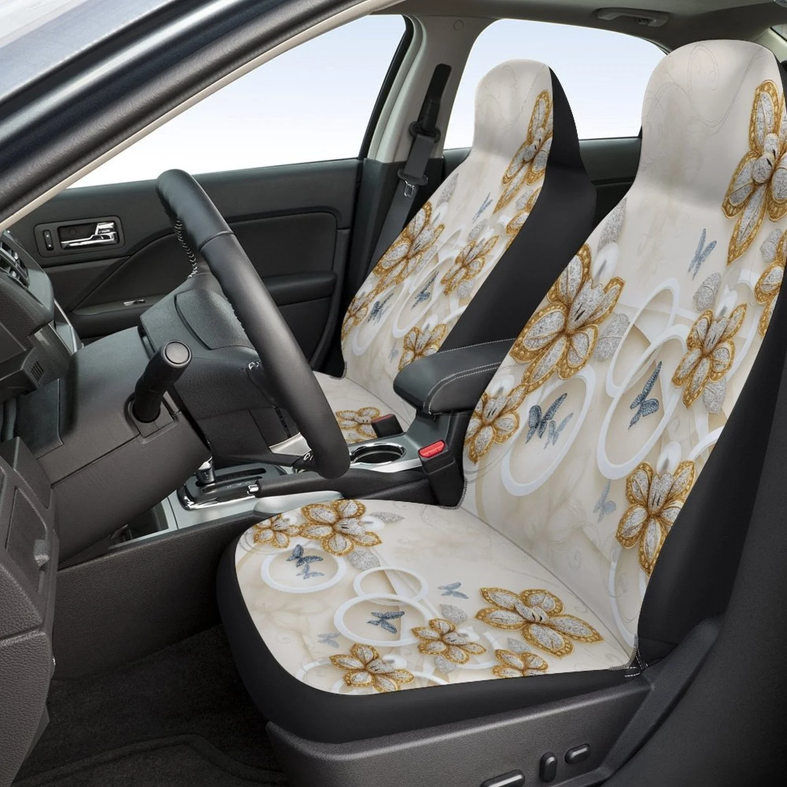 Set Of Car Seat Covers Featuring A Floral Jewelry Design, Suitable For A Variety Of Vehicles. These Stylish And High-Quality Cov