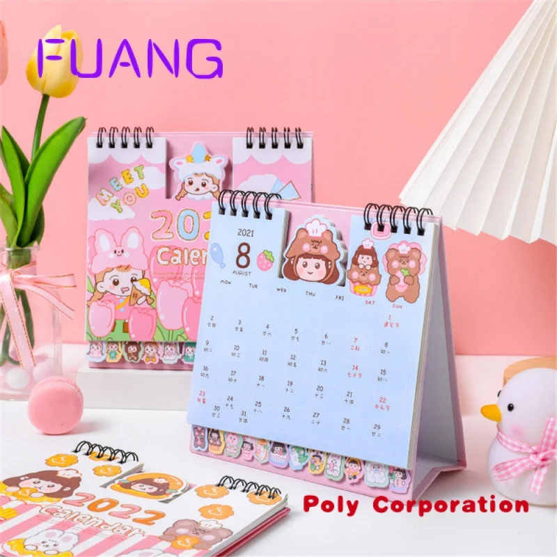 Custom  Kawaii Cartoon Custom Logo Printed Calendar Organizer Station 2022 2023 Spiral Wire-o Monthly Stand Flip Table Desktop C