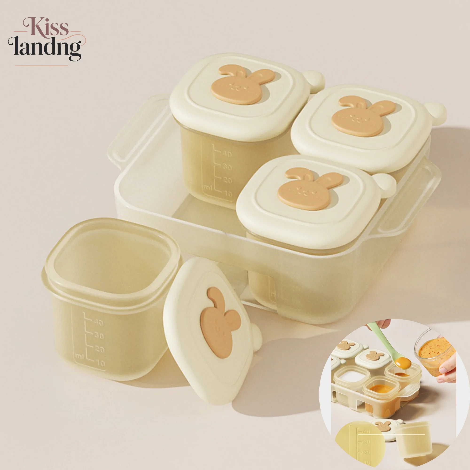 4/8 Compartments Silicone Baby Food Storage Containers, Cute Bunny Lid Freezer Safe Baby Puree Freezer Trays with Storage Rack