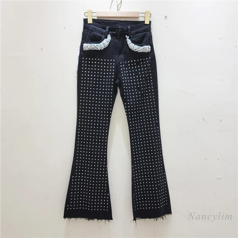 

Heavy Industry Beads Diamond Retro High Waist Raw Hem Jeans for Women 2024 New Slim Fit Slimming Bootcut Pants Skinny Jeans