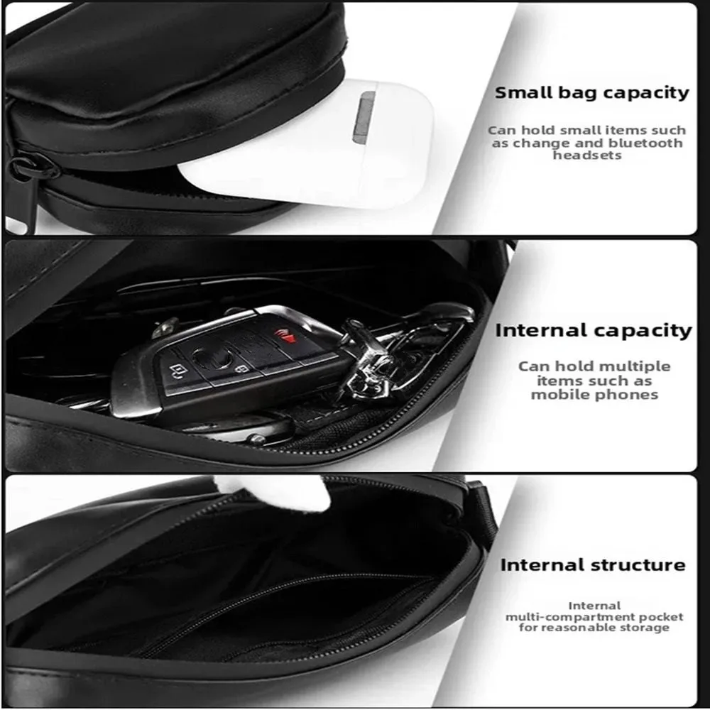 PU Leather Men's Phone Bag High-end Unisex Black Crossbody Bag Zipper with Small Hanging Bag Mobile Phone Chest Bags for Couple