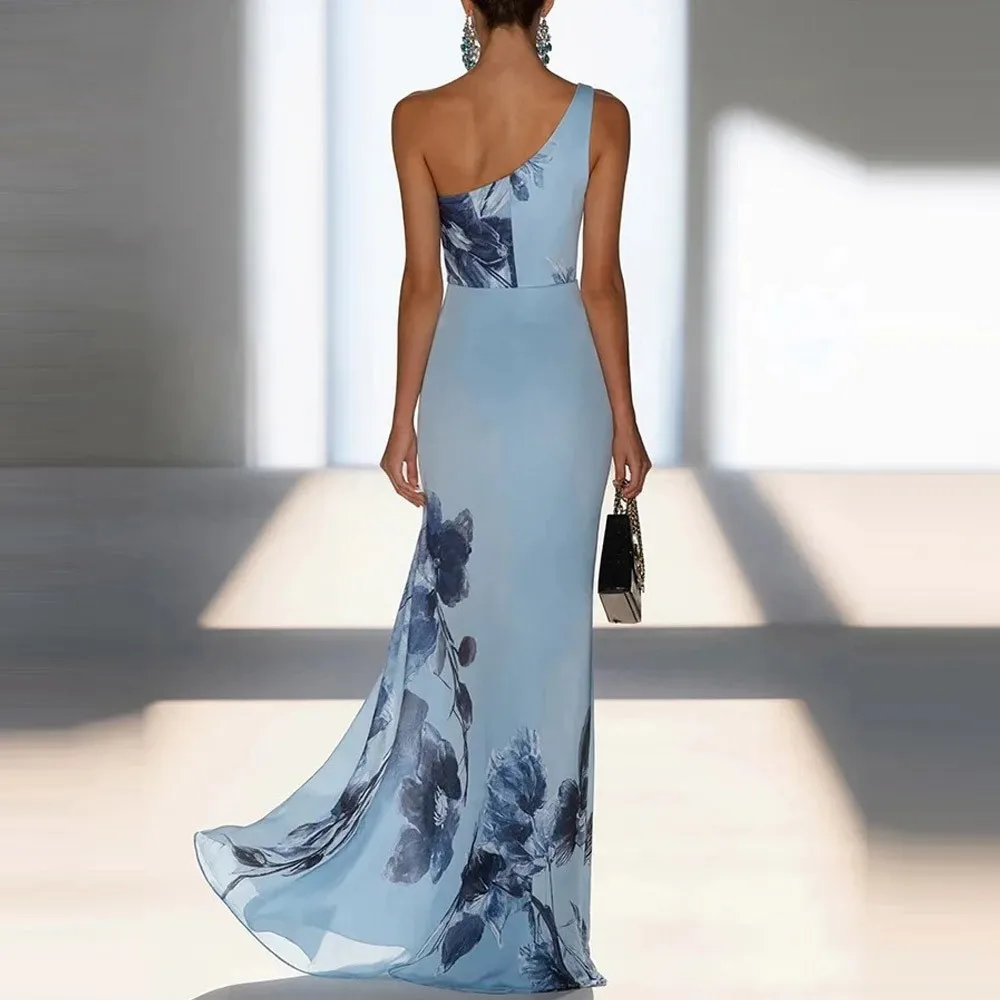 One Shoulder Floral Print Long Slit Dresses High Waist Asymmetrical Hem Maxi Dress Sleeveless Side Slit Satin Like Fabric