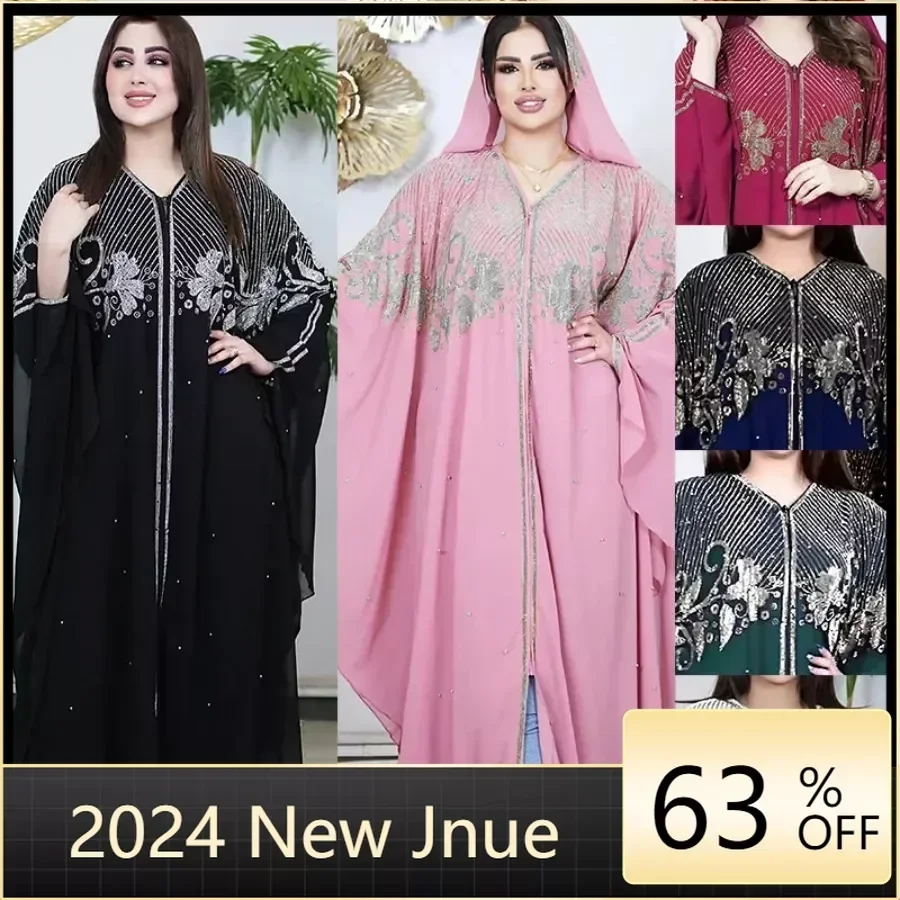 

Fashion African Muslim Womens Bat Sleeves Loose Robe Evening Gown Kaftan Rhinestone Beaded Hooded Chiffon Maxi Dress