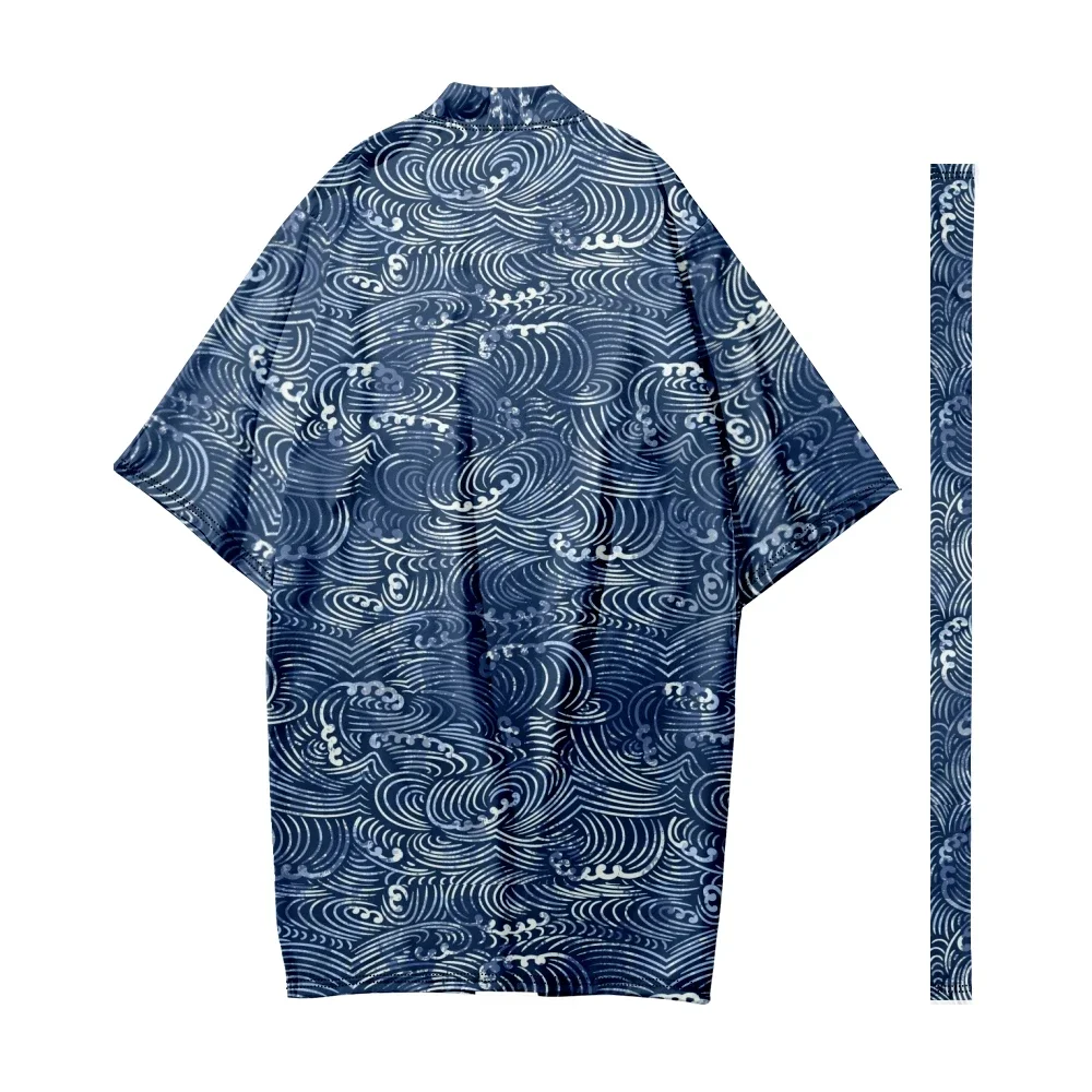 Men's Japanese Wave Pattern Long Kimono Cardigan Women Samurai Costume Kimono Fashion Traditional Kimono Shirt Yukata Jacket