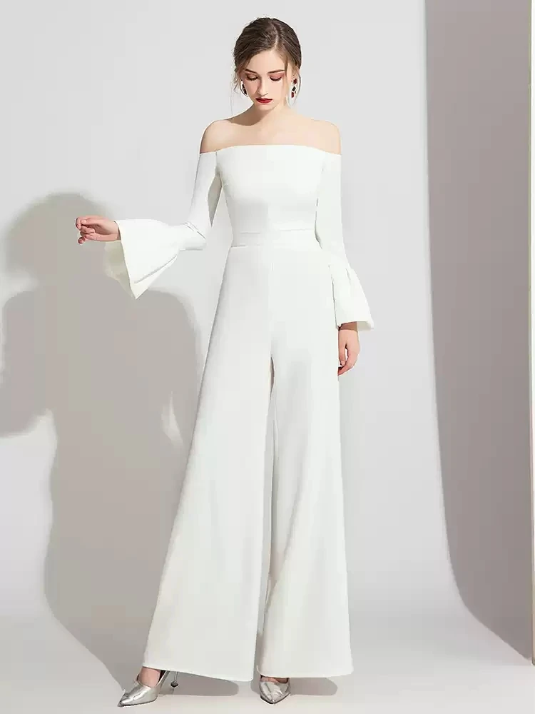White Off-the-Shoulder Prom Dress 2026 Long Sleeve Jumpsuit Formal Evening Pageant Gown Robe De Soirée Fashionable Elegant Style