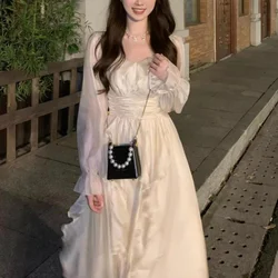 2023 Autumn New Long Sleeved Chiffon Dress Solid V- Neck Ruffles Design Slim Fashion Simple Versatile Gentle Princess Dresses