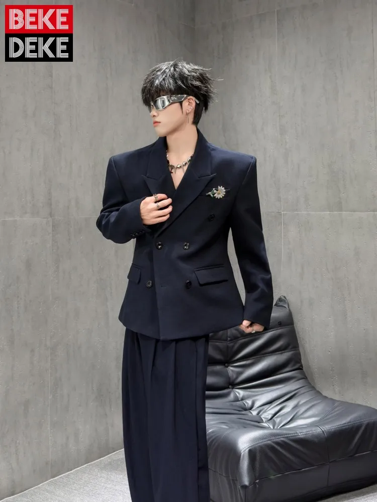 Handsome Mens Black Double Breasted Short Suit Jacket Sets Casual Designer Padded Shoulder Blazer Pant Two Piece Set Lapel Coat