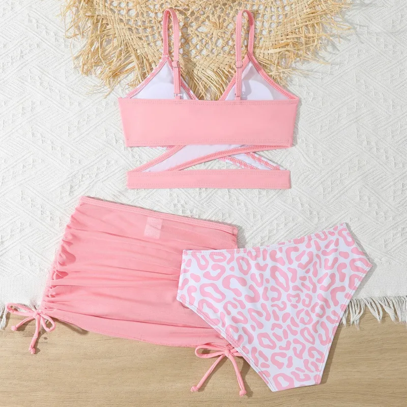 Ragazze 3pack Rosa Leopardo Croce Wrap Vita alta Bikini Gonna da spiaggia Costume da bagno per bambini 7-12 anni Costume da bagno per bambini Costume da bagno Ragazza