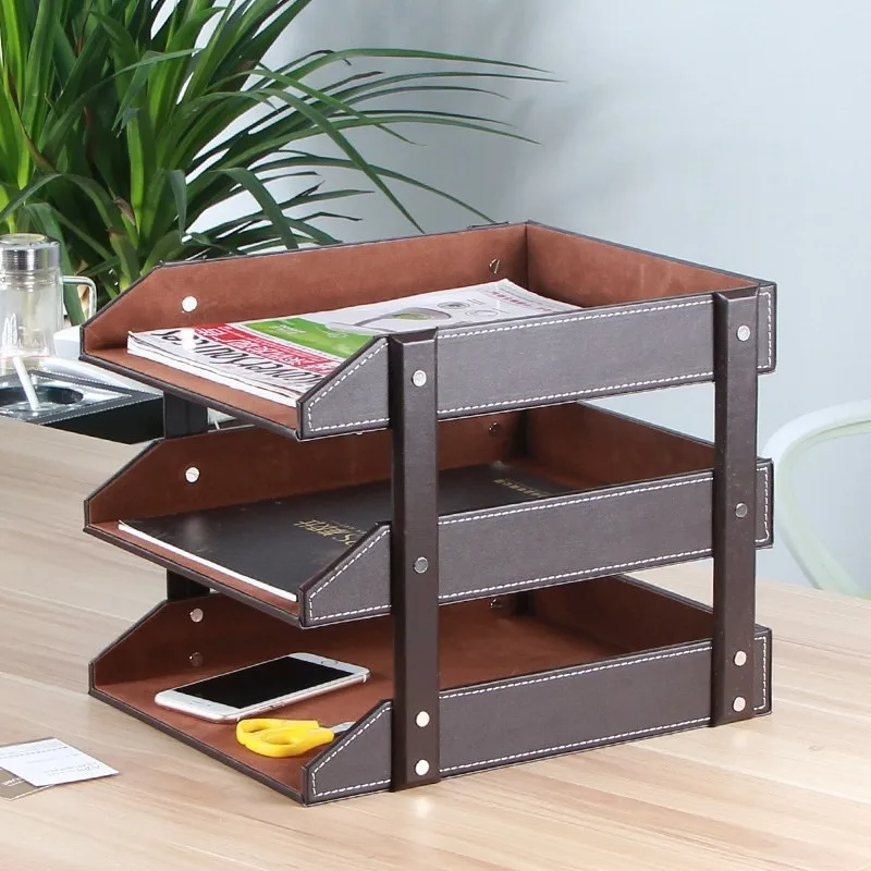 File Tray, Office Document Bill Finishing Rack, Three-layer Leather Desktop File Rack for Cross-border Products