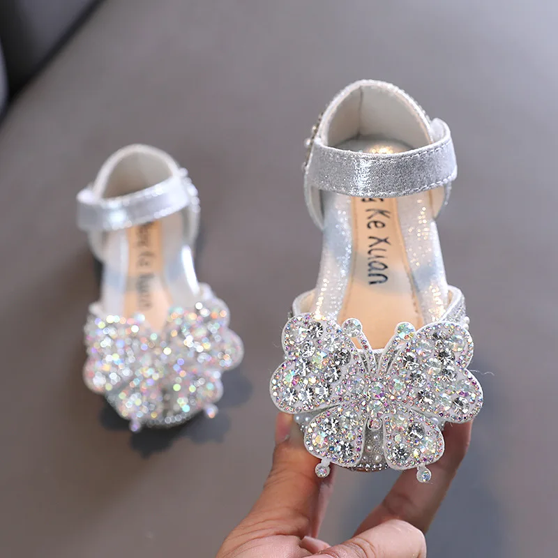 

Girl's Mary Janes Rhinestone Butterfly Bling Children Non-slip Leather Shoes Versatile Kids Princess Glitter Pearl Flats Sandals