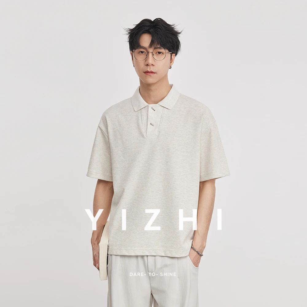 2026 Summer Men's 220g Heavyweight Waffle Polo Shirt Loose Lapel Breathable Soft Solid Color Basic Short Sleeve Tops
