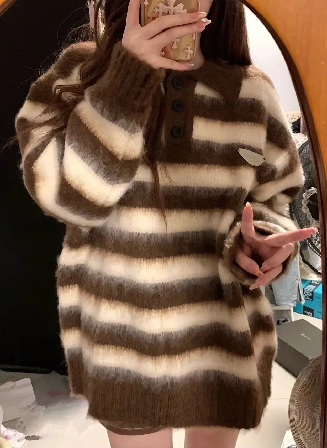 Suéter Casual a Rayas Marrones de Otoño Invierno, Talla Grande, Estilo Retro Americano, Tejido, para Mujer