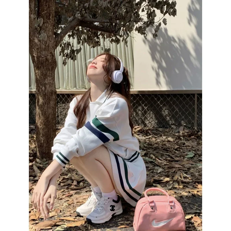 طقم رياضي كاجوال مكون من قطعتين تنورة قصيرة سويت شيرت أنيق مخطط Preppy Sweet Spicy Girl موضة ربيع الخريف #2