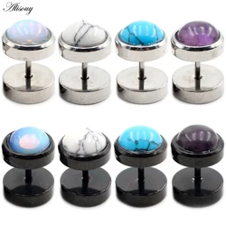 Alisouy 2pcs Punk Natural Stone Opal Stainless Steel Men Women Barbell Dumbbell Ear Studs Earrings Tragus Helix Piercing Jewelry