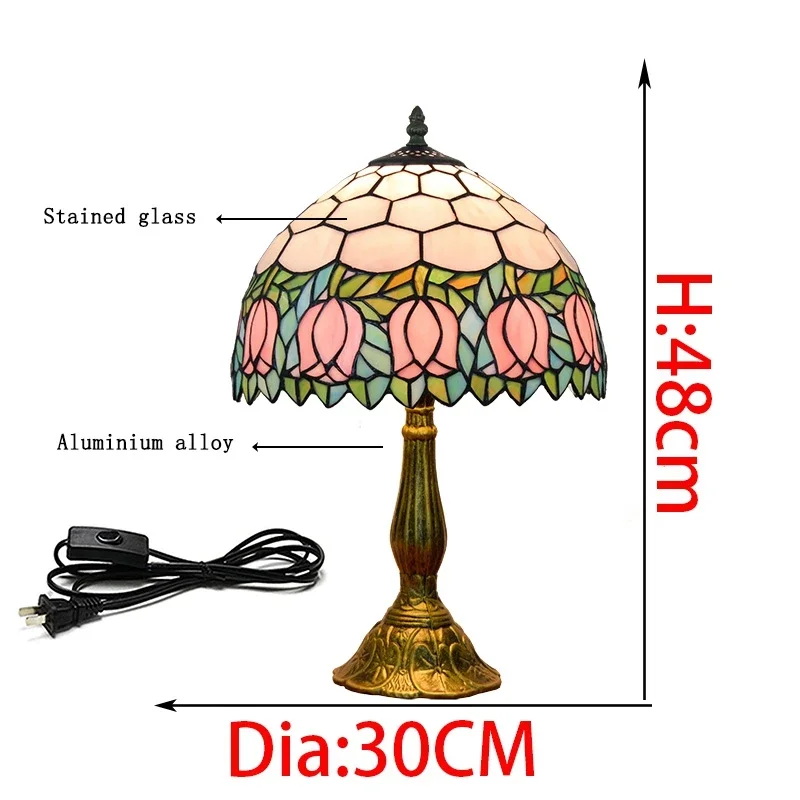 30CM American Pink Tulip Bedroom Tiffany's Stained Glass Rustic Retro Bar Desk Lamp 110-240V Bedroom Bedside Lamp