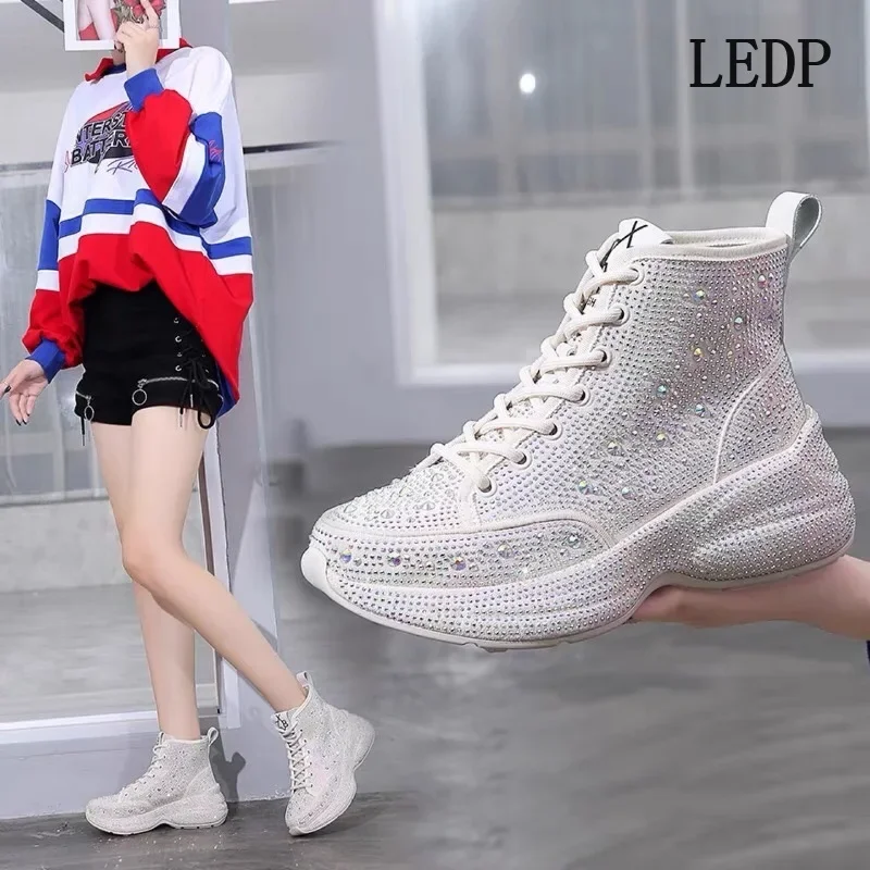 

BKQU Vamp Full Diamond Lacing 2024 New Autumn All-match Increase Thick Sole Leisure Sports High Help Daddy Shoes Female Trend