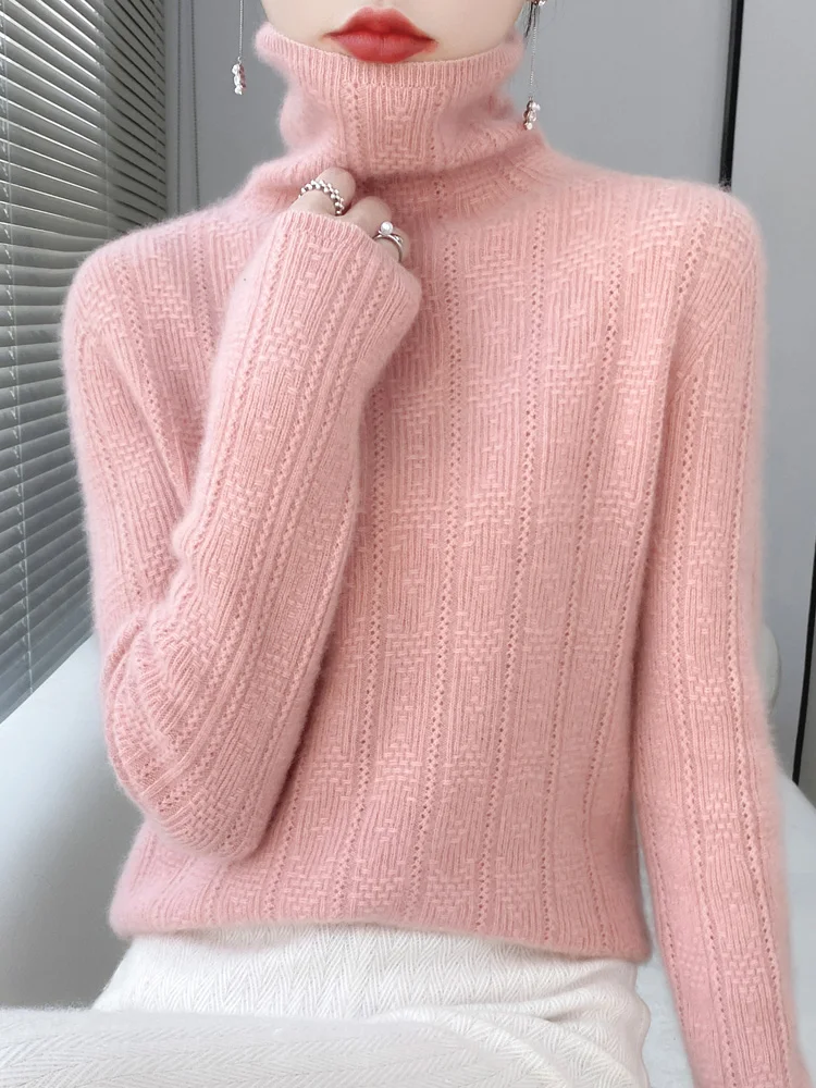 Autumn Winter Women Turtleneck Sweater 100% Merino Wool Hollow Long Sleeve Cashmere Knitwear Female Basic Jumper Korean Fashion
