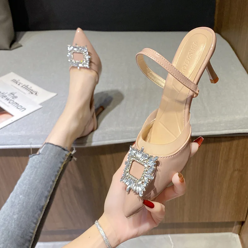 Elegant Thin High Heels Pumps for Women 2024 Spring Rhinestones Buckle Shallow Mouth Single Shoes Woman Pointed Toe Office Shoes