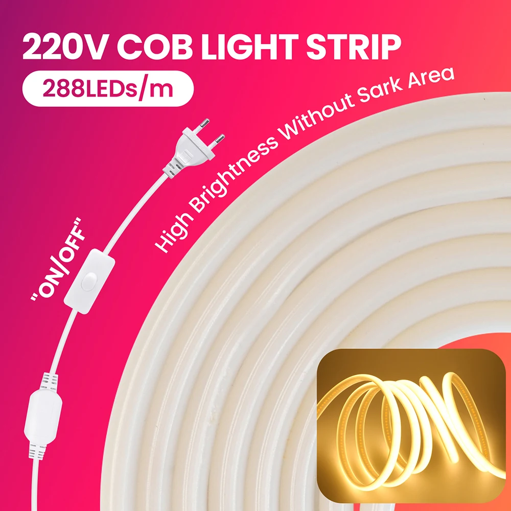 Dimmbarer 220-V-COB-LED-Neonstreifen-Lichtschalter-Dimmer-Netzteil, 5 m, 10 m, 30 m, 3000 K, 4000 K, 6000 K, 288 LEDs, Flexband, 0,5 m wasserdicht