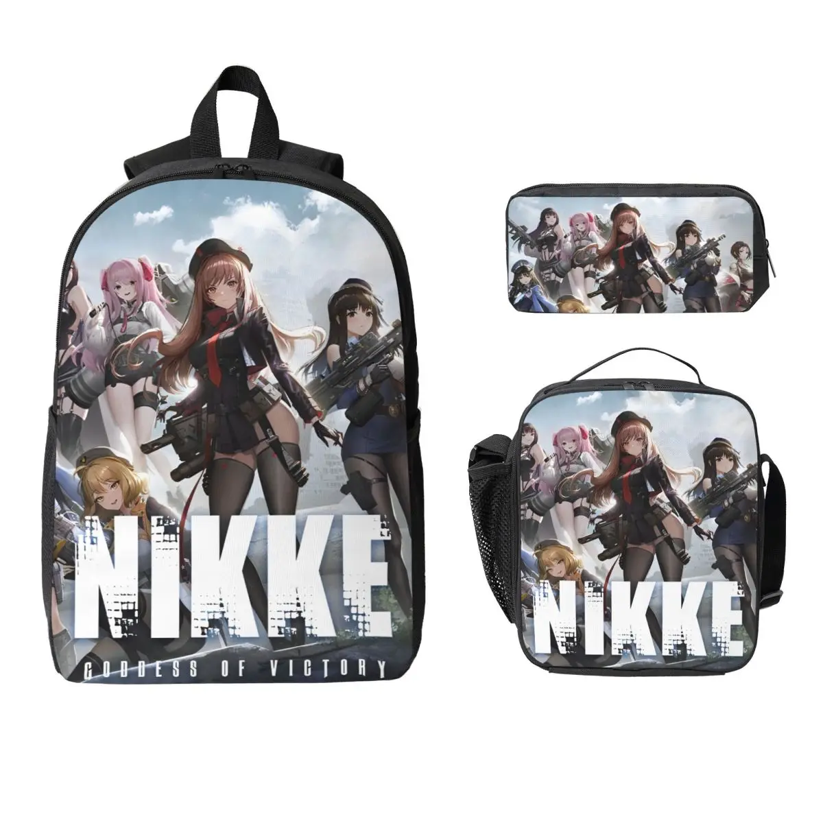 

3Pcs Goddess Of Victory: Nikke DORO Doll Theme Backpack Set for Kids Pen Bags Bookbag Sets with Lunch Box For School Daypack