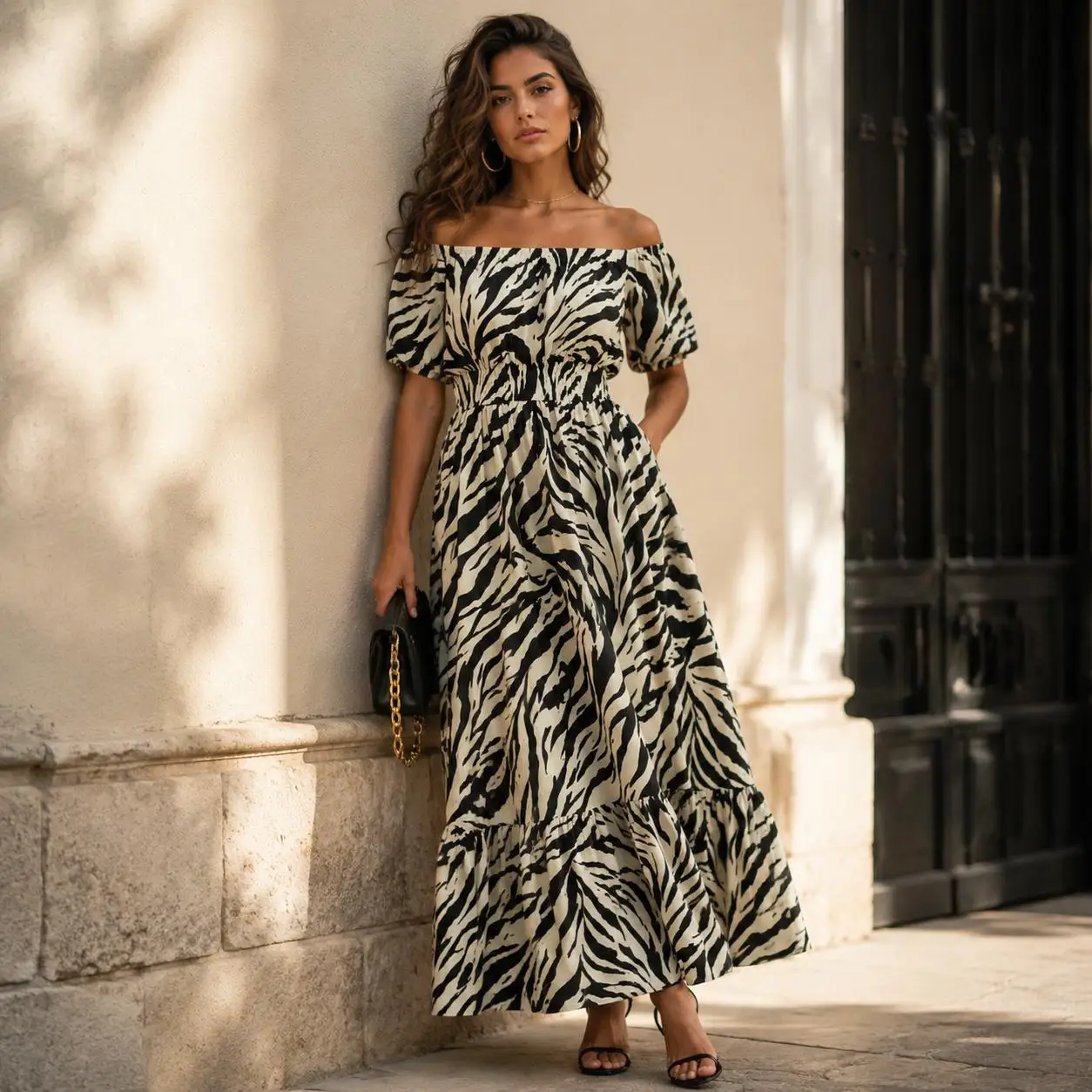 Vestido Feminino Longo Estampado Zebra Ombro a Ombro