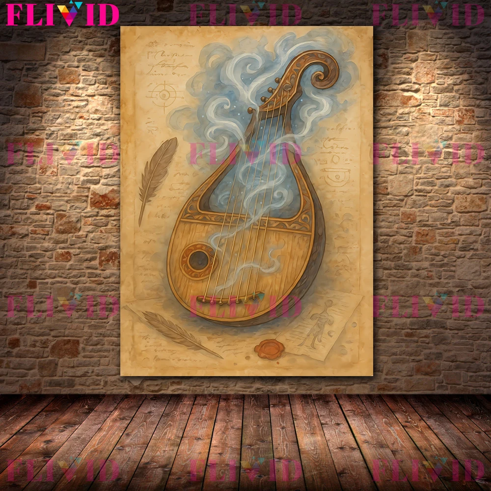 Thunder Drums And Magic Harp Vintage Wall Art Canvas Painting,Mystical Witchcraft Magic Musical Instrument Abstract Art Poster