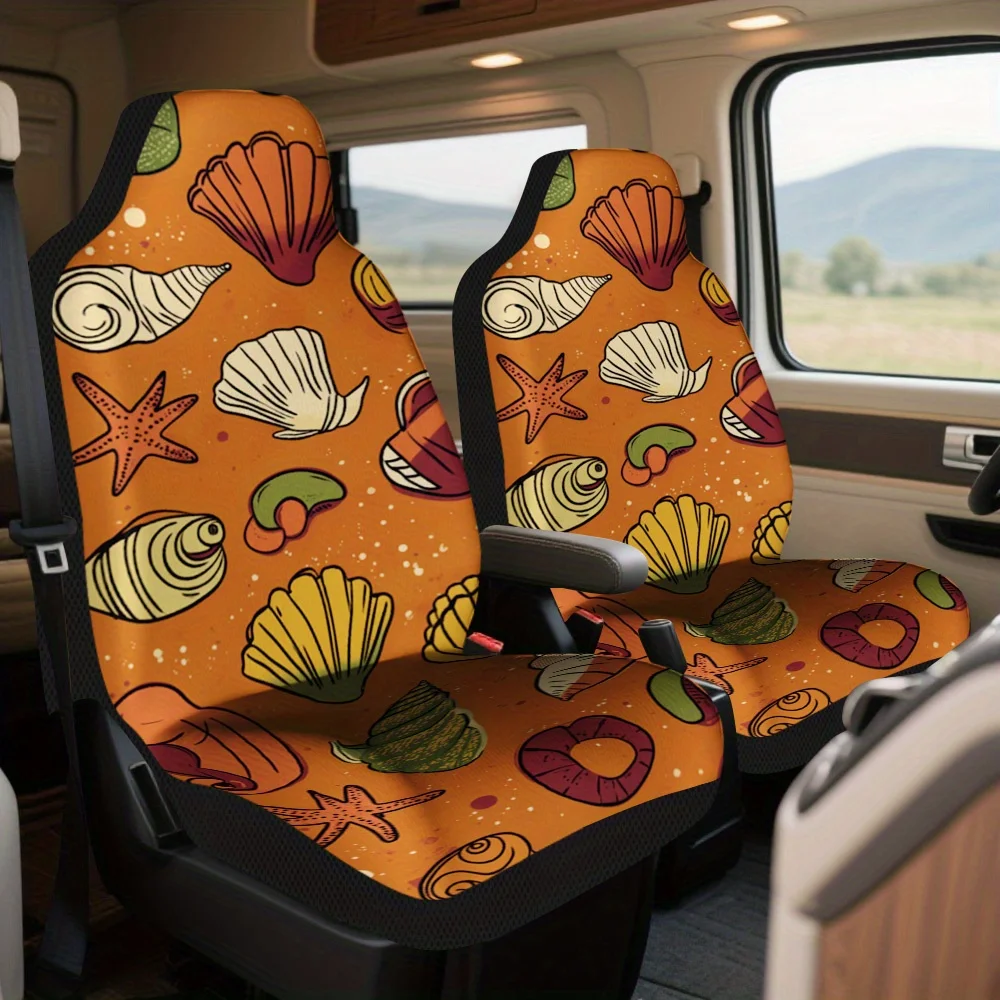 Set Of 2 Car Seat Covers Featuring Beach Shells On An Orange Theme – A Complete Set Suitable For Most Vehicles, Stylish And High