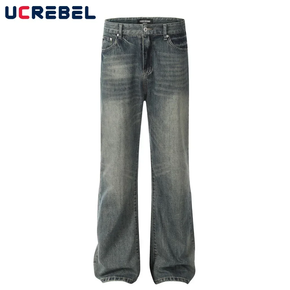 

Washed Distressed Denim Flare Pants Mens Vintage High Street Summer Loose Jeans Men Trousers