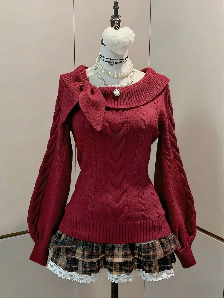 Kerst dunne strik gebreide trui vrouwelijke zoete kant Japanse losse trui Office Lady herfst Y2k winter slanke trui outfits