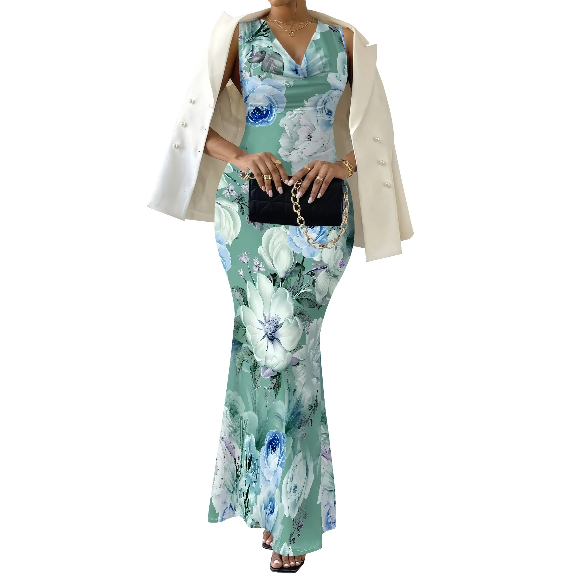 EQQZD Sexy Sleeveless Swing Neck Fishtail Maxi Dress, Beautiful Flowers Print Bodycon Dress for Women