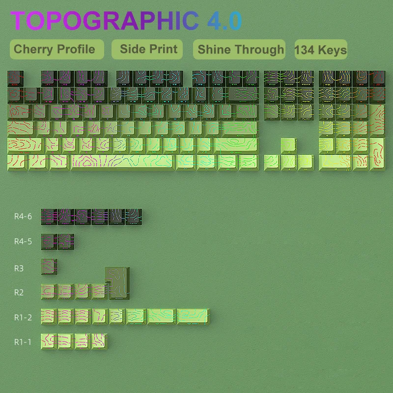 

134 Key Green Topographic 4.0 PBT Keycaps Double Shot Side Print Shine Through Backlit key cap For MX Gamer Mechanical Keyboard