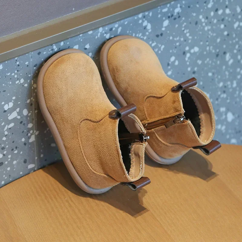 

Solid Color Children's Short Boots Zipper Round Toe Sewing Thread Kids Fashion Non Slip Soft Thick Sole Shoes Simple Style