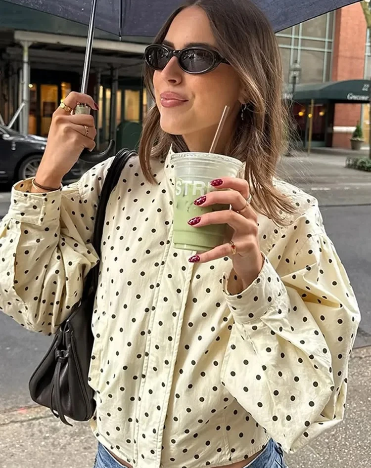 

Polka Dot Stand Neck Short Jackets Women Fashion Long Sleeve Patchwork Contrast Slim