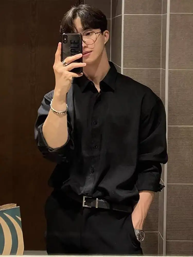 

Men's Black Long Sleeve Shirt Premium Cool Casual Style Summer Mature Lightweight Drape Inner Top
