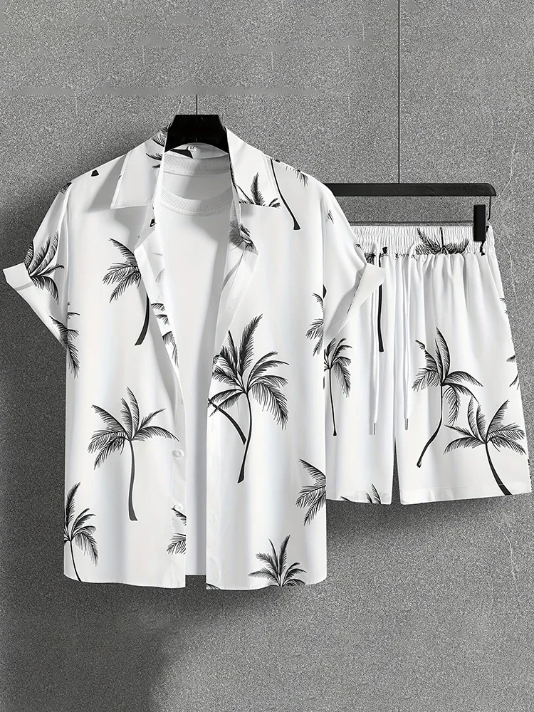 Hawaiian Mens Comfortable Shirt and Shorts Palm Leaf Print Mens Short Sleeve Shirt and Beach Shorts Breathable Set Summer