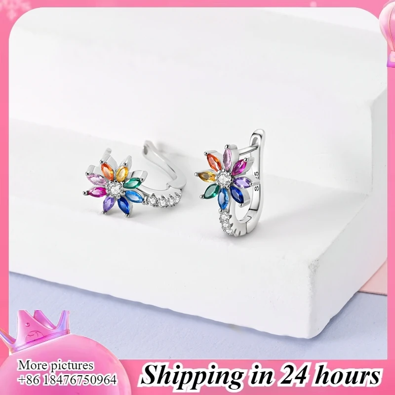 Pendientes con Forma de Flor de Arcoiriis (Plata 925) - Aretes de Aro Frans de Circonio Brillante para Mujer #1