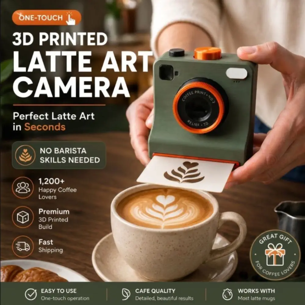 Funny 3D Printed Latte Camera Vintage Look One Touch Press Coffee Powder Print Camera Included Stencils Replaceable Cards