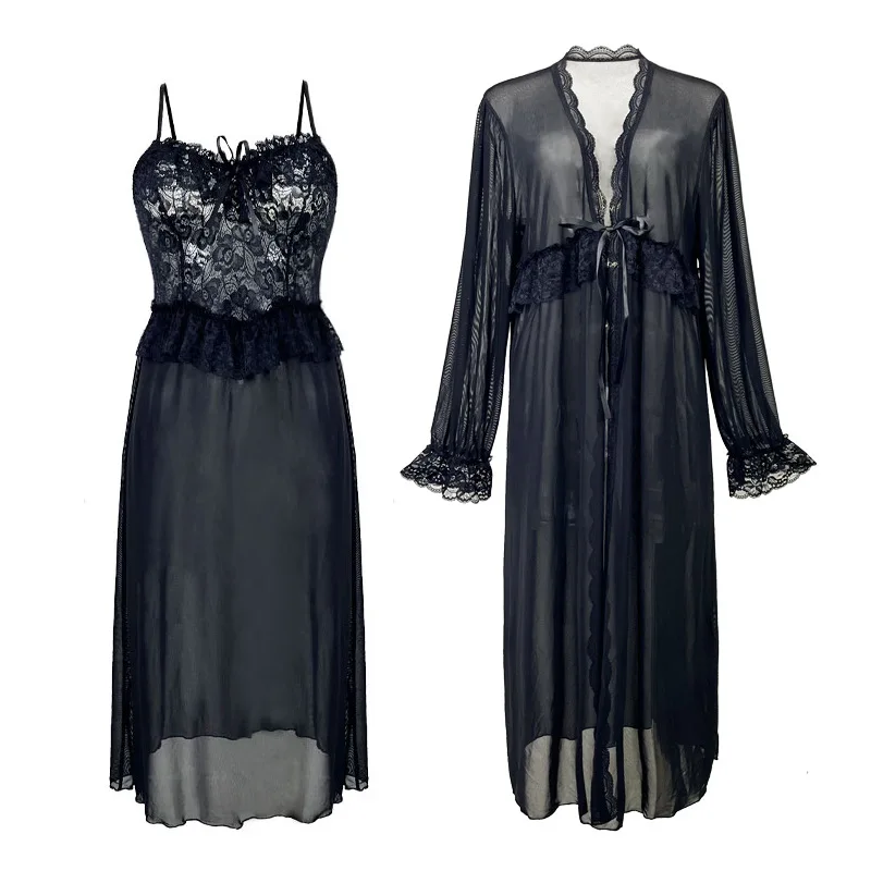 2026 Hot Selling Perspective Lace Sexy Suspender Nightgown and Outer Robe Long Sleepwear Two-piece Set