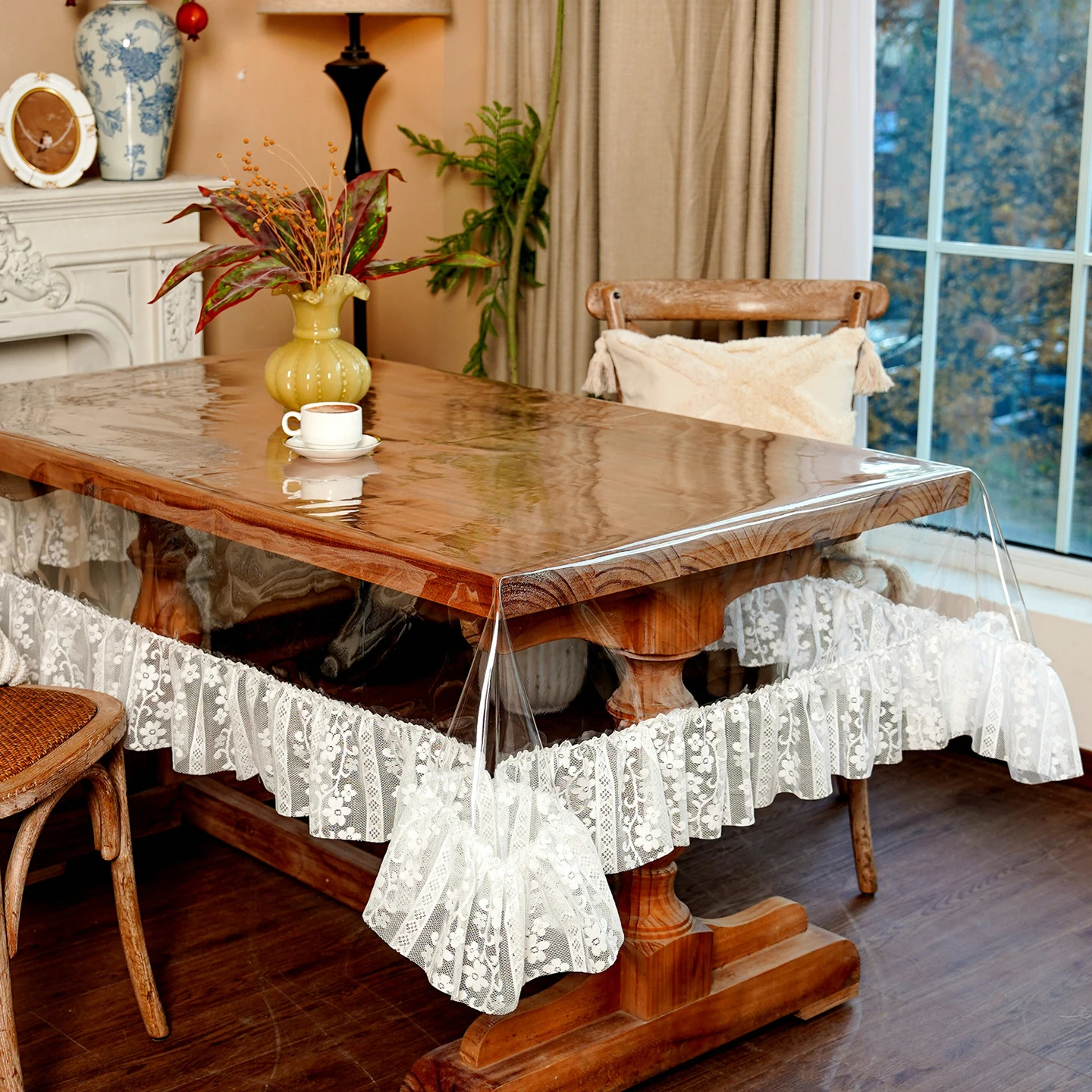 EIFLOY-PVC Waterproof Tablecloth, with Lace, Rectangular, Round, Transparent, Dining Table Cover, Party Decor, Outdoor, Kitchen