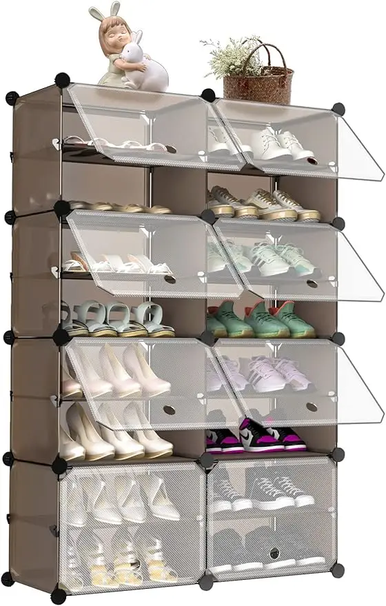 

Shoe Rack Organizer 32 Pair Shoe Cabient 8 Cube 16-Tier Shoes Storage Organizer DIY Plastic Freestanding Covered Shoe Shelvs