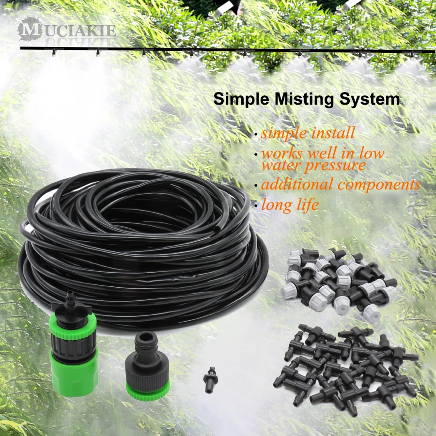 

20m Drip Fog System Watering Irrigaion Misting Cooling Kits 64FT 1/4'' Hose 20 Mist Sprayers Garden Landscape Flowers Bed Plants